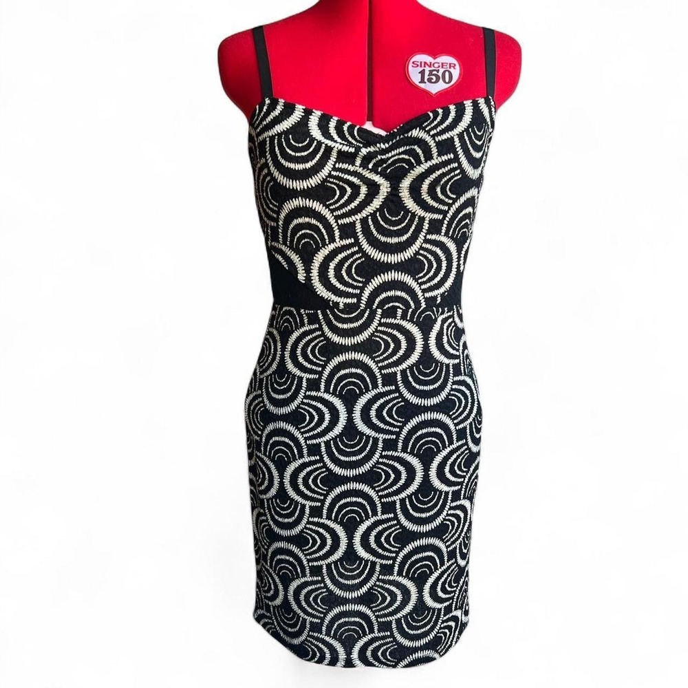 Free People Bodycon Black & Cream Swirl Print Lace Mini Dress Sz Large Going Out